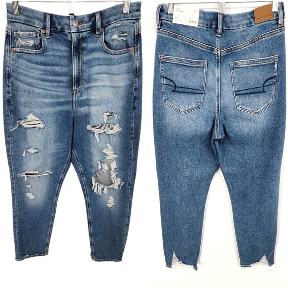 American Eagle Outfitters Denim - American Eagle 10 Long Curvy Mom Jean Stretch Ripped Medium Wash